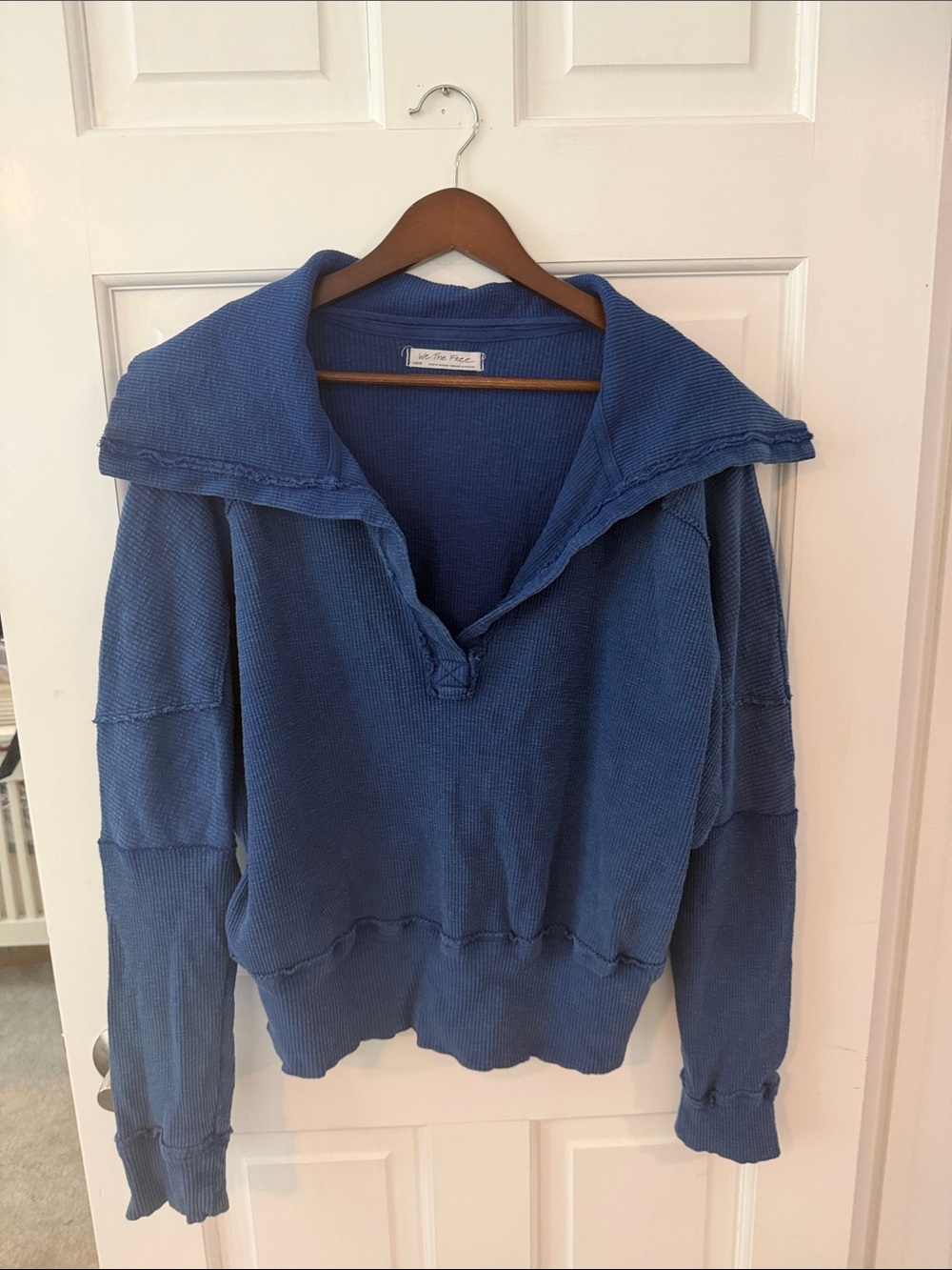 We The Free Blue Waffle-Knit Sailor Collar Pullover